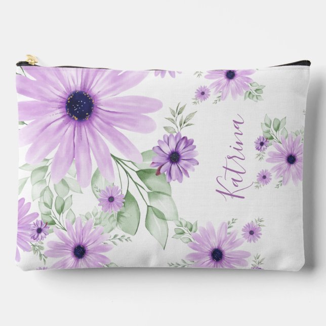 Personalized  Violet Green, Watercolor Flowers Accessory Pouch (Front)
