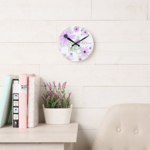 Personalized Violet Green, Watercolor Flowers Round Clock