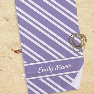 Personalized Violet Purple and White Stripes Beach Towel