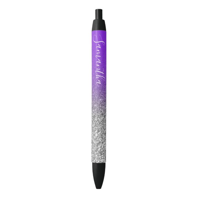 Personalized Violet Silver Ombre Glitter Blue Ink Pen (Front Vertical)