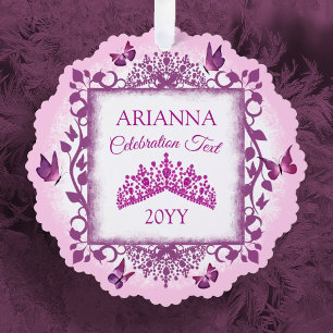 Personalized Violet Tiara & Butterflies Keepsake Ornament Card