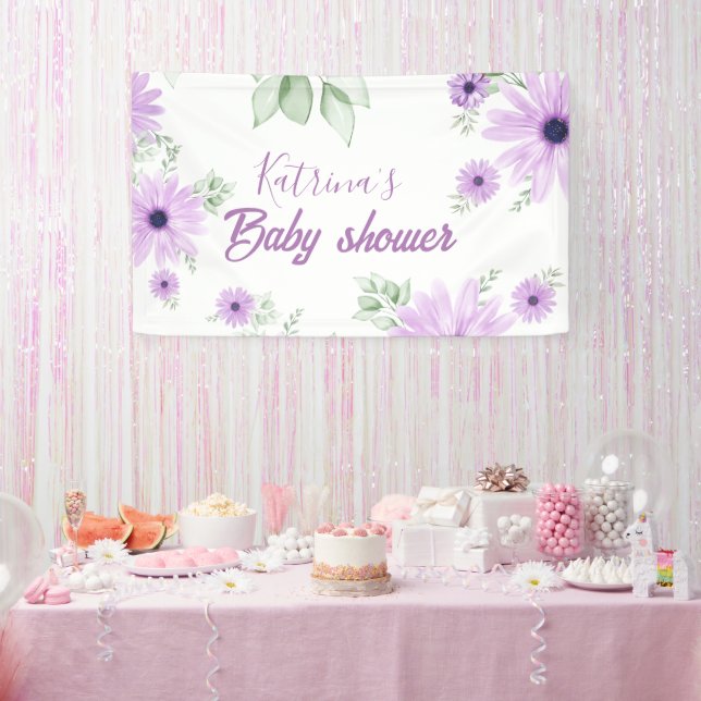 Personalized Violet Watercolor Flowers Baby Shower Banner (Party)