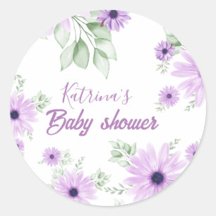 Personalized Violet Watercolor Flowers Baby Shower Classic Round Sticker