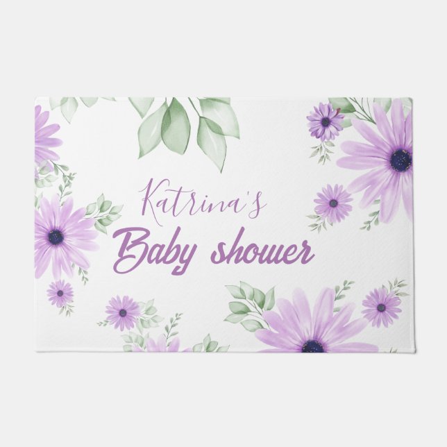 Personalized Violet Watercolor Flowers Baby Shower Doormat (Front)