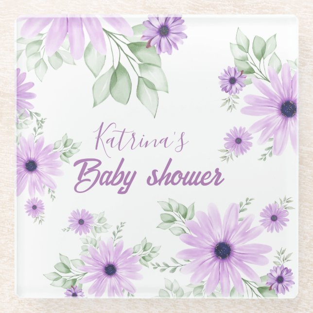 Personalized Violet Watercolor Flowers Baby Shower Glass Coaster (Front)