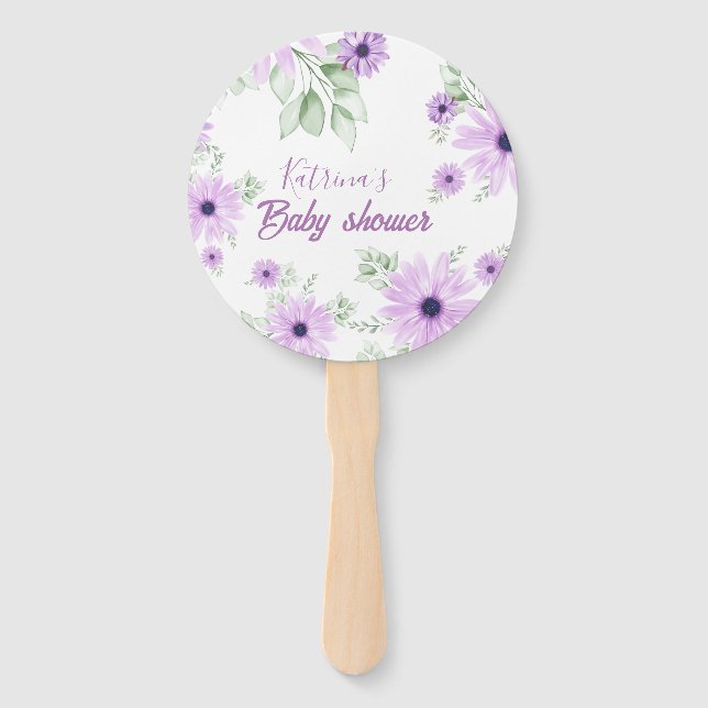 Personalized Violet Watercolor Flowers Baby Shower Hand Fan (Front)