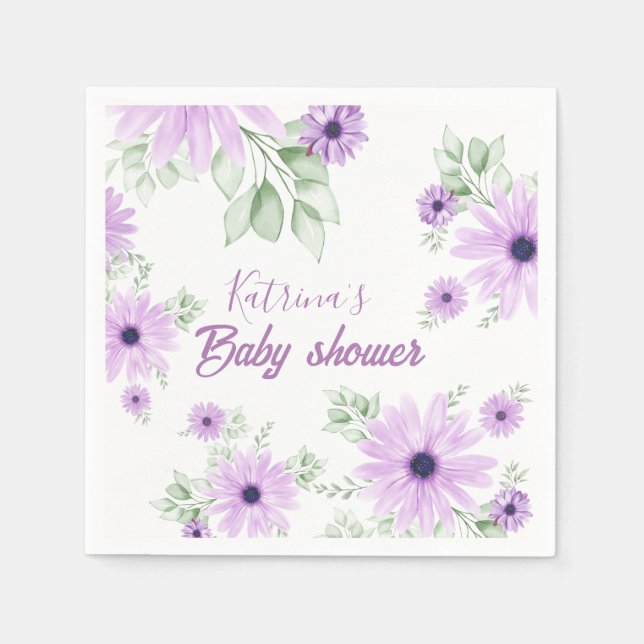 Personalized Violet Watercolor Flowers Baby Shower Napkin (Front)
