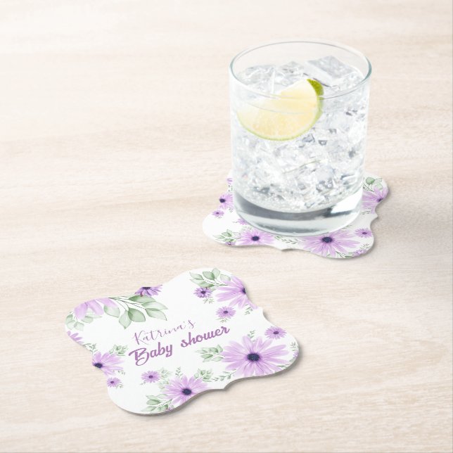 Personalized Violet Watercolor Flowers Baby Shower Paper Coaster (Insitu)