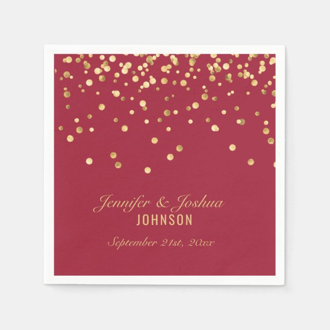 Personalized Vivid BURGUNDY Gold Confetti Wedding Napkin (Front)