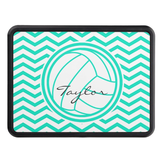 Personalized Volleyball; Aqua Green Chevron Trailer Hitch Cover (Front)