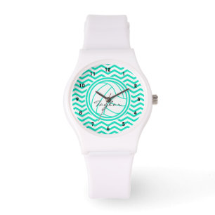 Personalized Volleyball; Aqua Green Chevron Watch