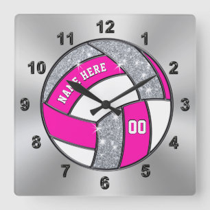 Personalized Volleyball Clock, Pink, White, Silver Square Wall Clock