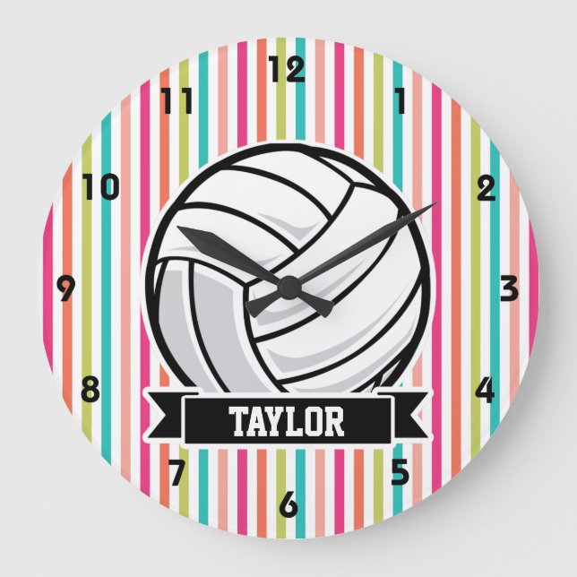 Personalized Volleyball on Colourful Stripes Large Clock (Front)
