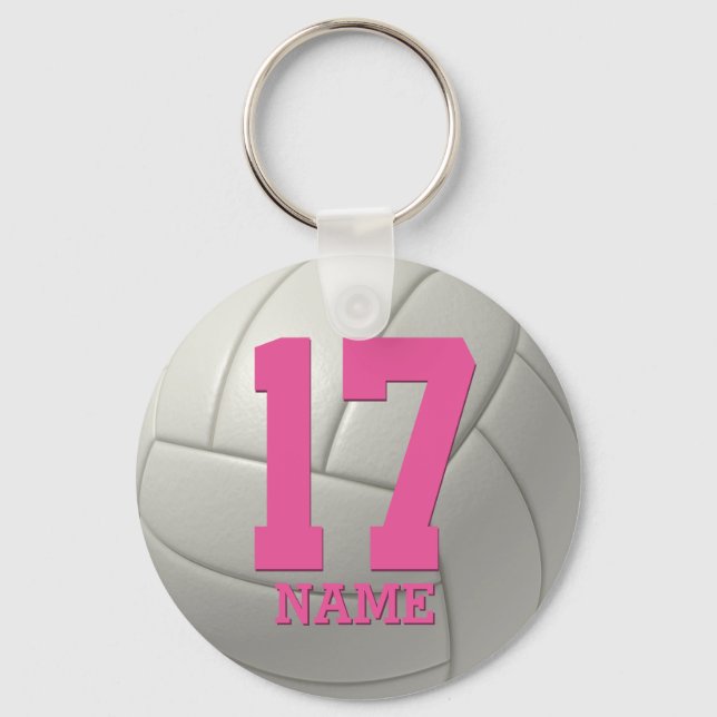 Personalized Volleyball (pink name & number) Keychain (Front)