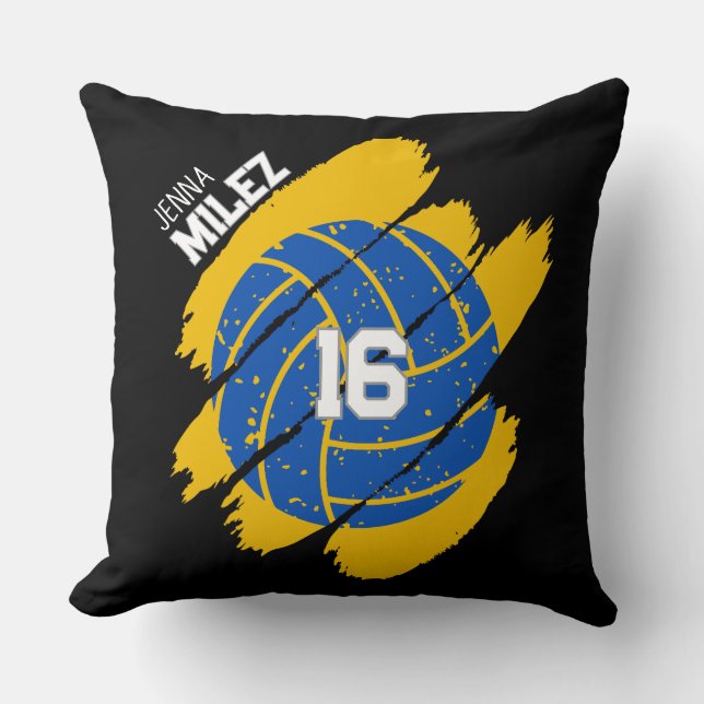 Personalized Volleyball Player blue and yellow Throw Pillow (Front)