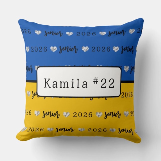 Personalized Volleyball Senior Blue and Yellow  Throw Pillow (Front)