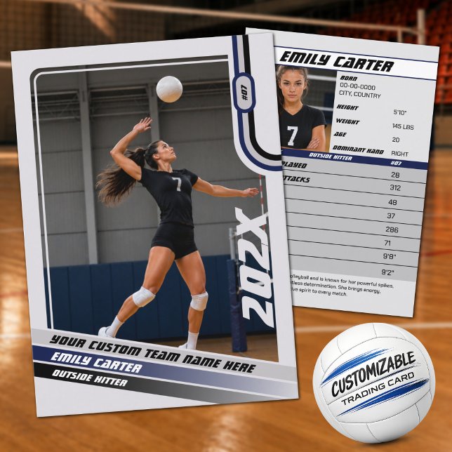 Personalized Volleyball Trading Card Blue Grey (Personalized Blue, Gray & White Volleyball Trading Card – Add Your Name & Photo)