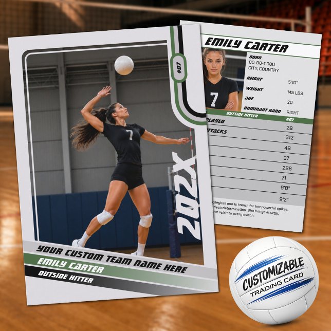 Personalized Volleyball Trading Card Green Grey (Green, Gray & White Personalized Volleyball Trading Card for Players)