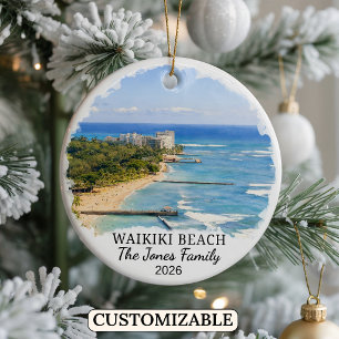 Personalized Waikiki Beach Ornament, Custom Hawaii Ceramic Ornament