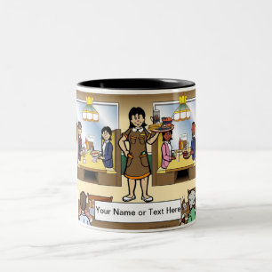 Personalized Waitress, Casual Dining Cartoon Two-Tone Coffee Mug