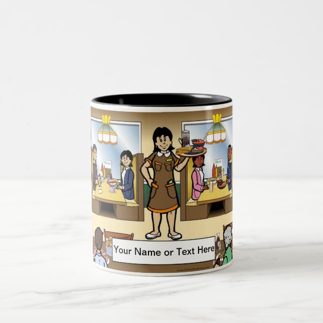 Personalized Waitress, Casual Dining Cartoon Two-Tone Coffee Mug (Center)