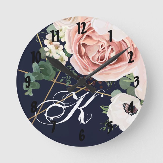 Personalized Wall Clock Geometric Garden Rose Navy (Front)