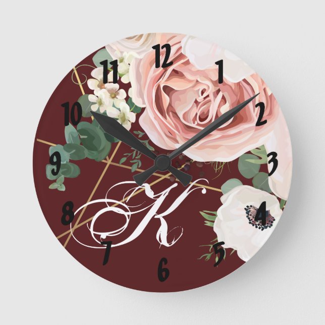 Personalized Wall Clock Geometric Garden Rose Wine (Front)