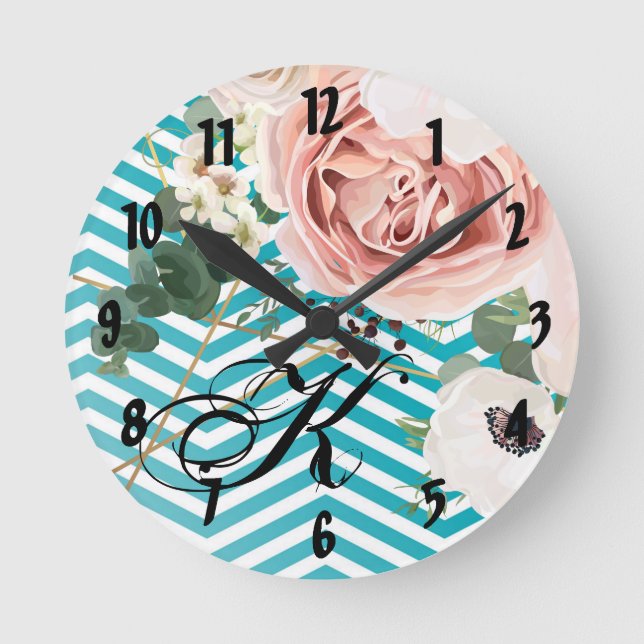 Personalized Wall Clock Geometric Rose Chevron Tea (Front)