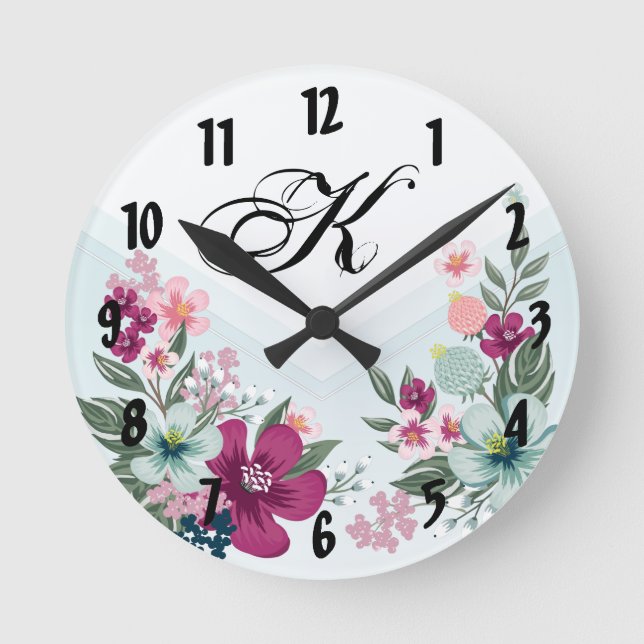 Personalized Wall Clock Tropical Flower on Blue Om (Front)