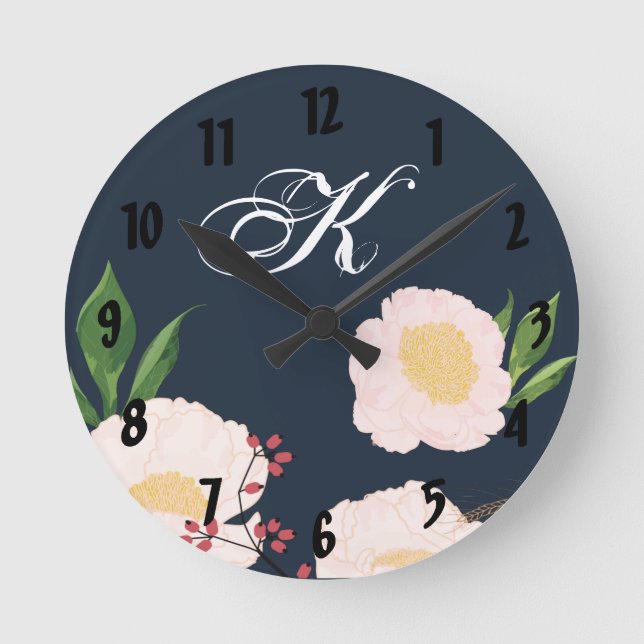Personalized Wall Clock White Floral Flowers on Da (Front)