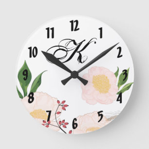 Personalized Wall Clock White Floral Flowers on Wh