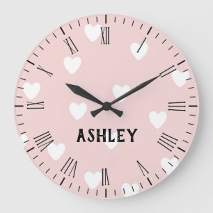 Personalized Wall Clock White Hearts on Pink