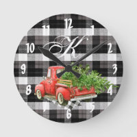 Personalized Wall Clock XMAS Truck Baffalo Plaid B