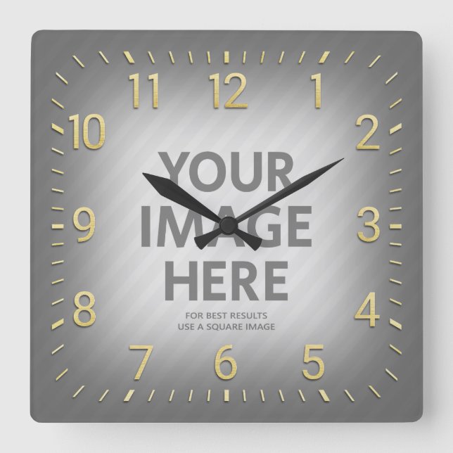 Personalized Wall Clocks Gold Numbers Square Photo (Front)