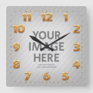 Personalized Wall Clocks Square Photo Gold Numbers