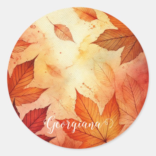 Personalized Warm Autumnal Watercolor Leaves Classic Round Sticker (Front)