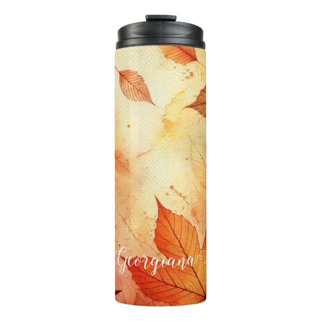 Personalized Warm Autumnal Watercolor Leaves Thermal Tumbler (Front)