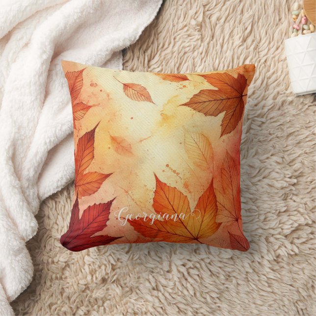 Personalized Warm Autumnal Watercolor Leaves Throw Pillow (Blanket)