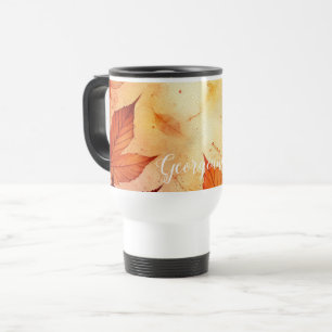 Personalized Warm Autumnal Watercolor Leaves Travel Mug
