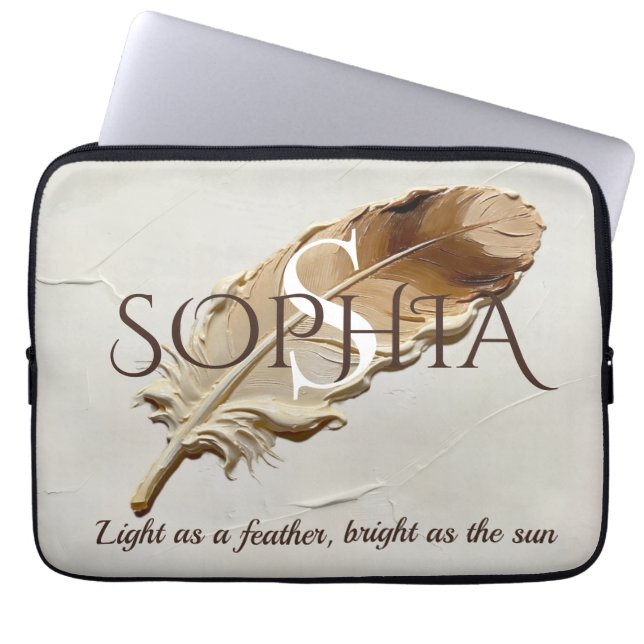 Personalized Warm Brown Feather Monogram  Laptop Sleeve (Front)