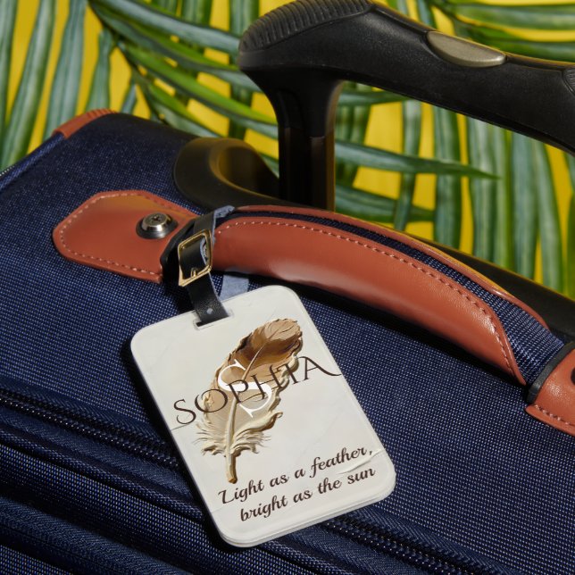 Personalized Warm Brown Feather Monogram  Luggage Tag (Front Insitu 1)