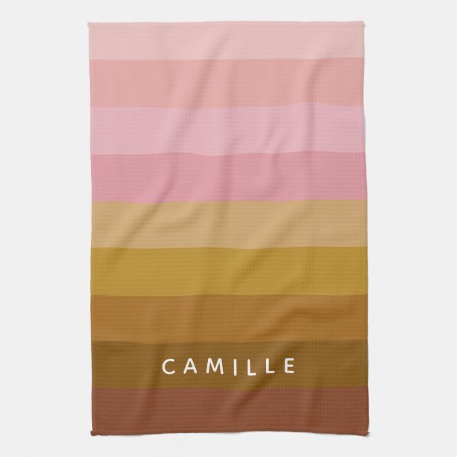 Personalized Warm Pink Terracotta Boho Stripes Kitchen Towel (Vertical)