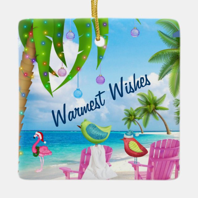 Personalized Warmest Wishes Birds Beach Christmas Ceramic Ornament (Front)