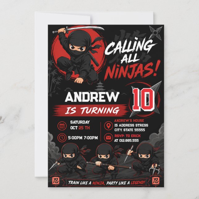 Personalized Warrior Ninja Birthday Invitation (Front)