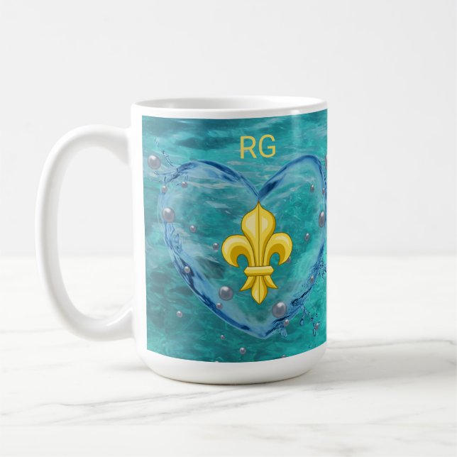 Personalized Water Heart Fleur de Lis Coffee Mug (Left)