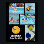 Personalized Water Polo Photo Collage Team Name # Poster<br><div class="desc">This personalized water polo photo collage poster features your favourite uploaded photos, an orange water polo ball graphic with your player's number (easily delete), and additional text such as your player's name and/or team name. This design is set against a background colour of your choice - just click on customize...</div>
