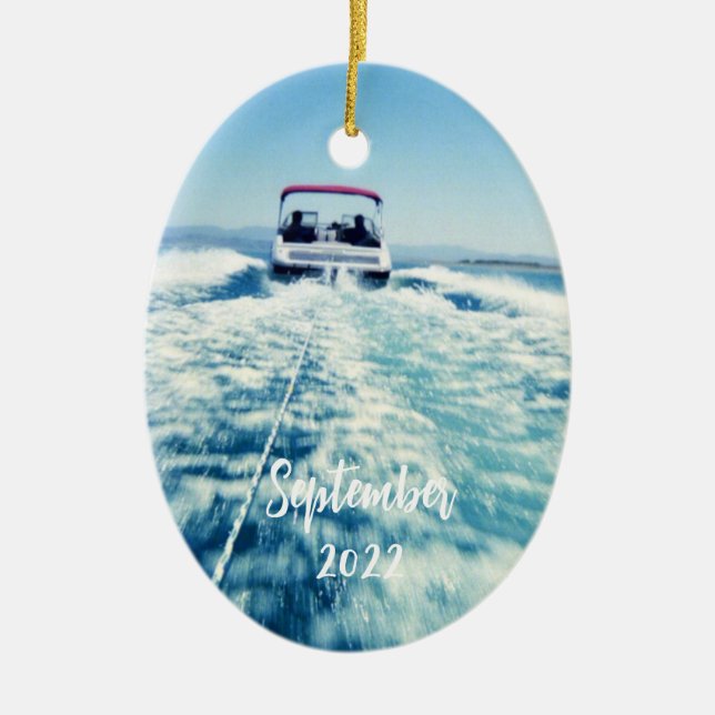 Personalized Water Sports Speed Boat Photo Oval Ceramic Ornament (Front)