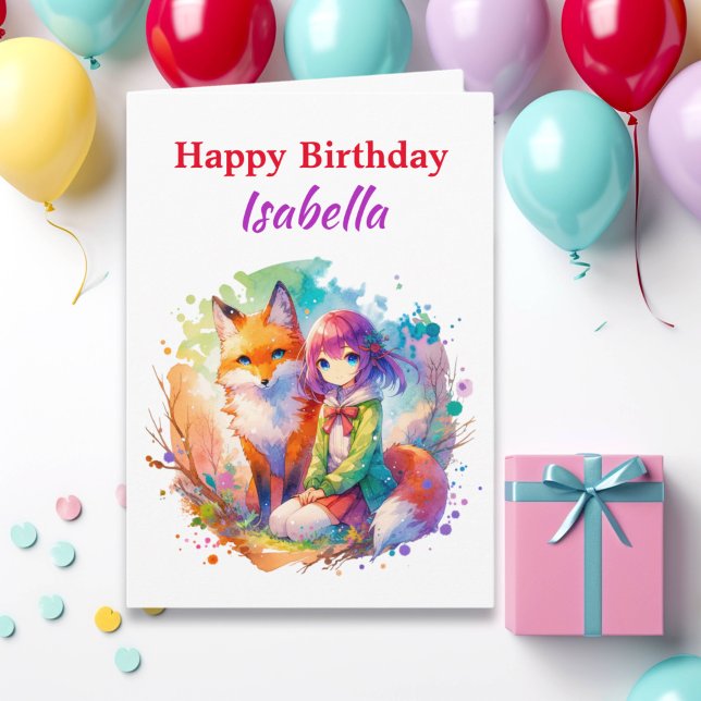 Personalized Watercolor Anime Girl Fox Birthday Card (Creator Uploaded)
