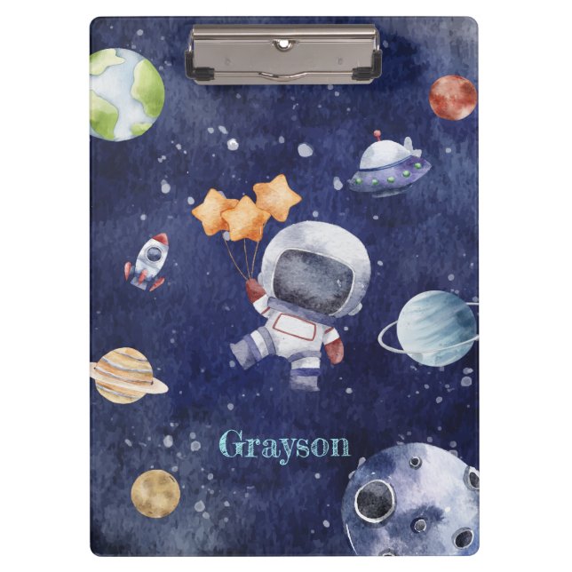 Personalized Watercolor Astronaut Galaxy Planet Clipboard (Front)