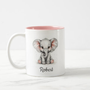 Personalized Watercolor Baby Elephant Mug. Two-Tone Coffee Mug